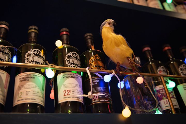 Rare independent bottler single cask Scotch whisky bottles displayed in an exclusive private club setting.