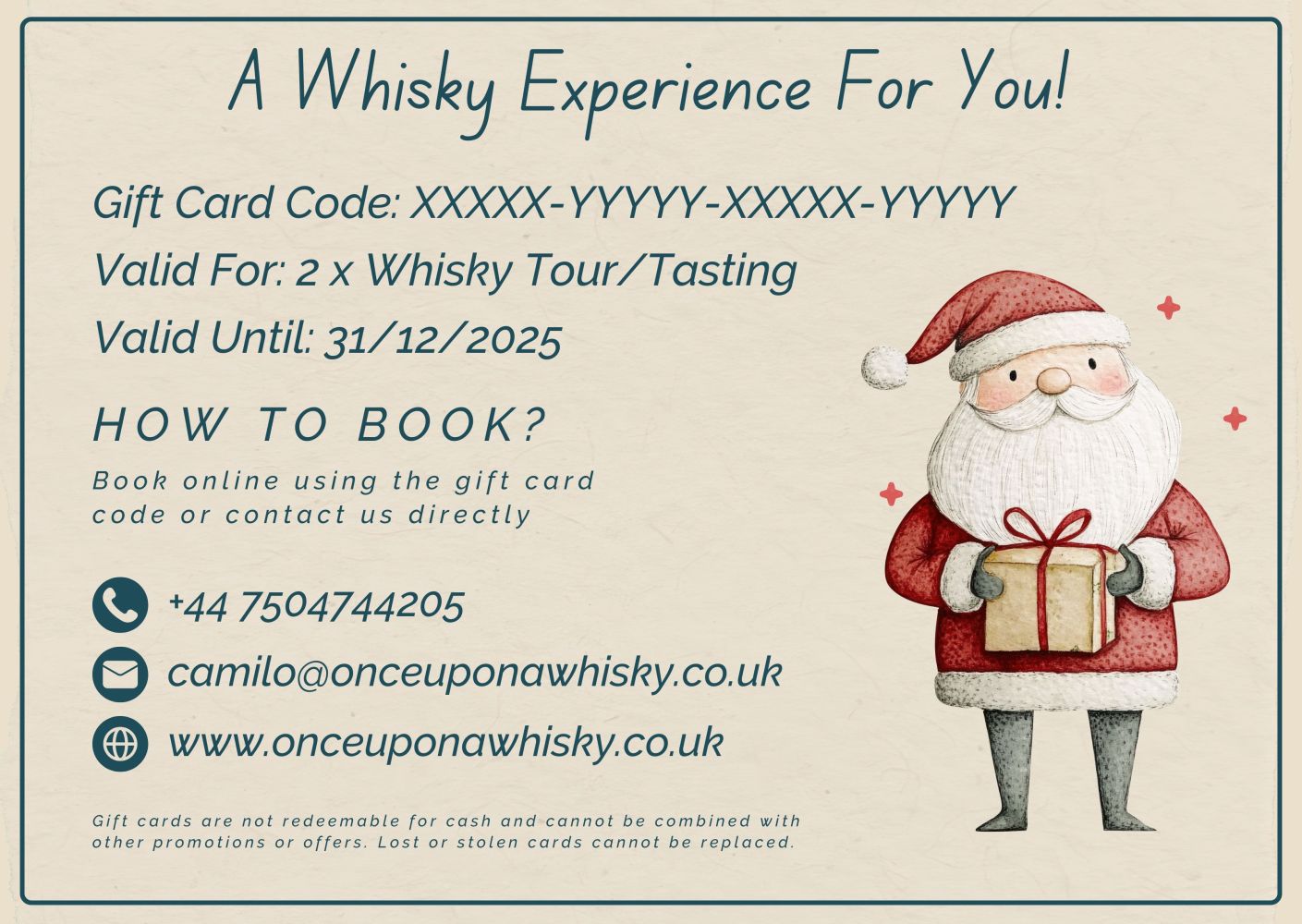 A Christmas-themed gift card redeemable on a whisky experience