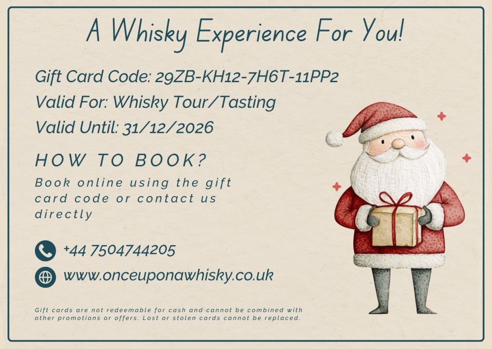 Gift card with Santa illustration for whisky tour by Once Upon a Whisky, booking info included.