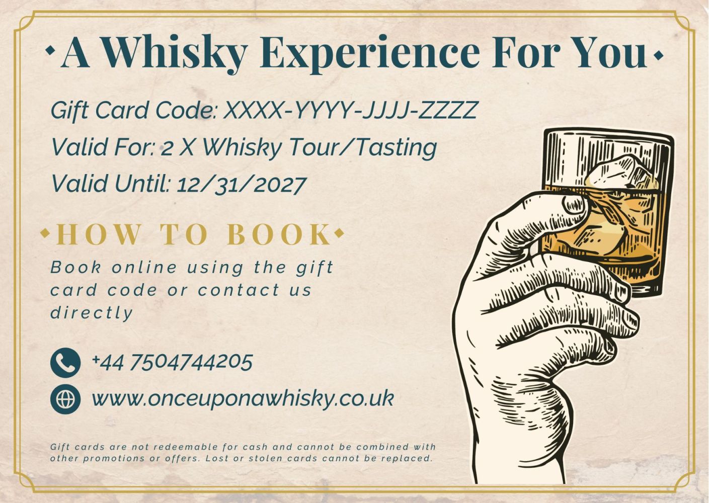 A gift card valid for a whisky tour or whisky experience in Glasgow or Edinburgh.