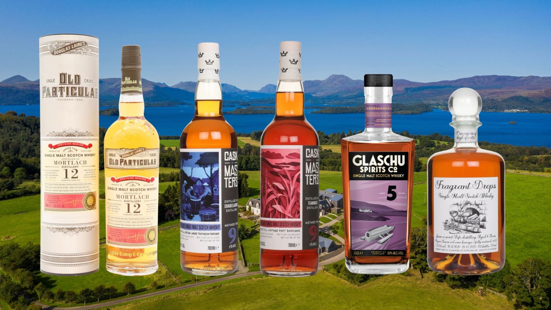 Five whisky bottles in front of a scenic Scottish landscape with a lake and hills.