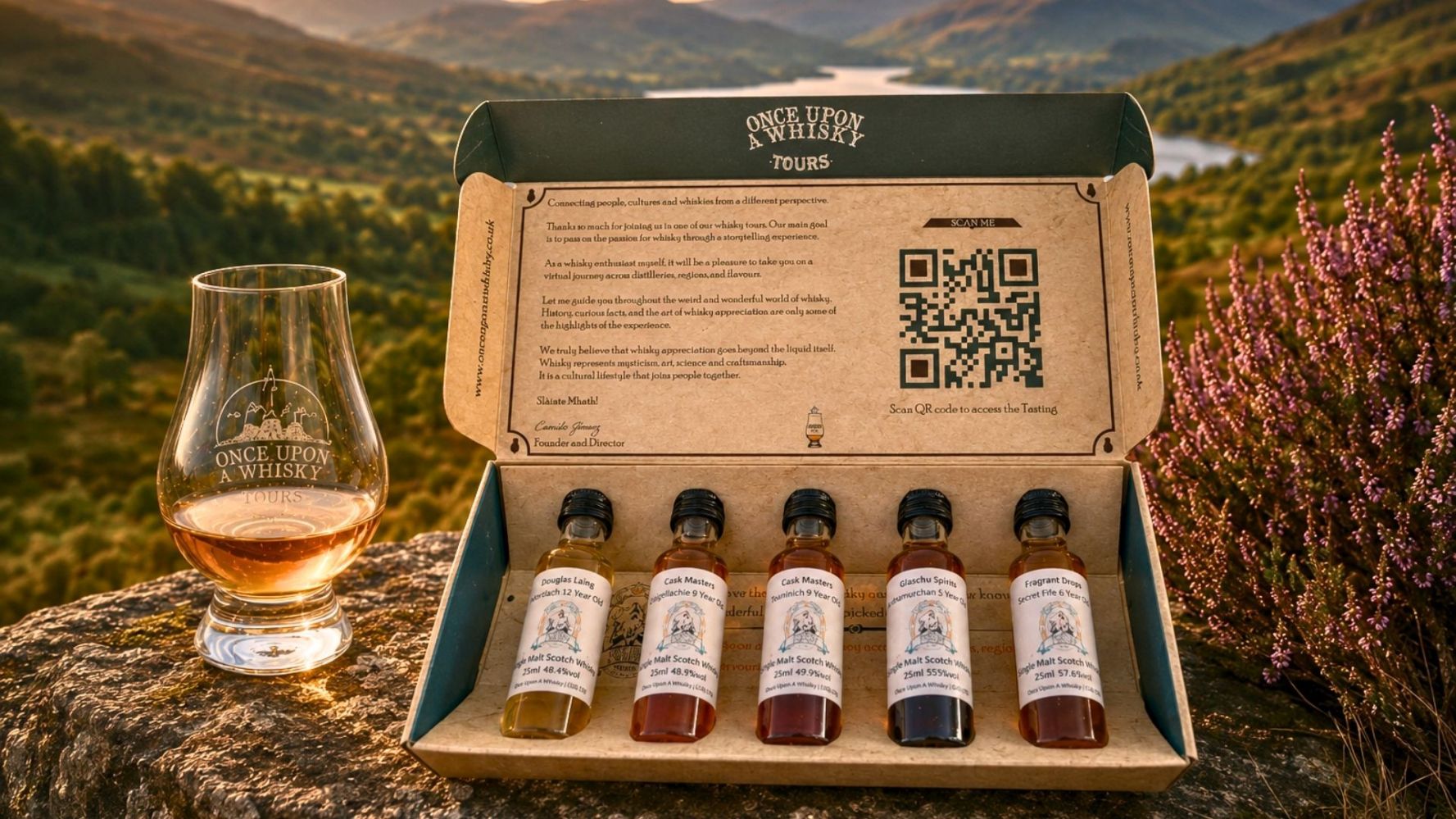 Whisky tasting set with glass on Scottish scenic background.