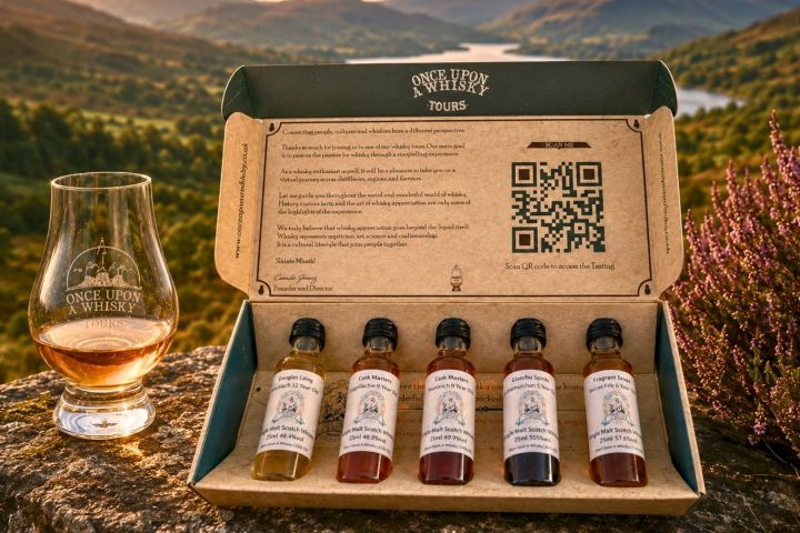 Whisky tasting set with glass on Scottish scenic background.