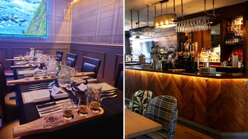 Split image: left shows a set dining table, right shows a wooden bar with hanging glasses.