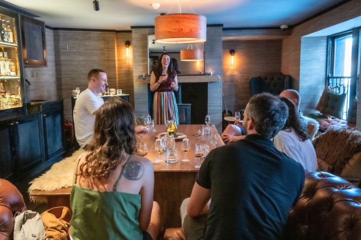 Woman presenting in a cozy room with five seated people around a table.