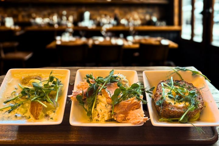 A platter with Scottish tapas: Cullen Skink, salmon and haggis.