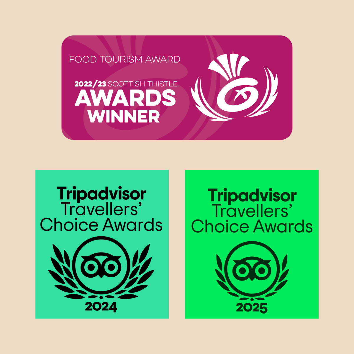 OUAW Awards Three award logos: Scottish Thistle 2022/23 and Tripadvisor 2024, 2025 Travellers' Choice Awards.