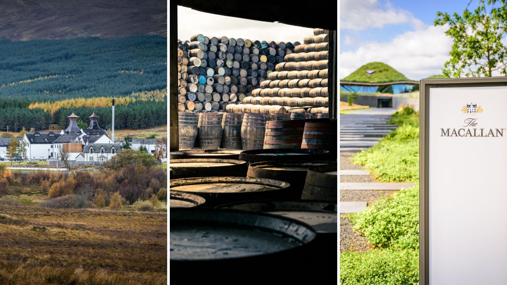 Three-panel image: distillery, barrels stacked, and The Macallan sign with modern building and greenery.