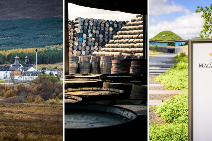 Three-panel image: distillery, barrels stacked, and The Macallan sign with modern building and greenery.
