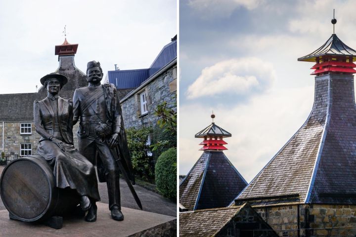 Left: statue of a couple with barrel; right: distillery roofs with red accents against blue sky.