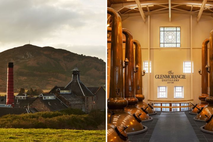 Split image of a distillery exterior with hills and interior with copper stills.