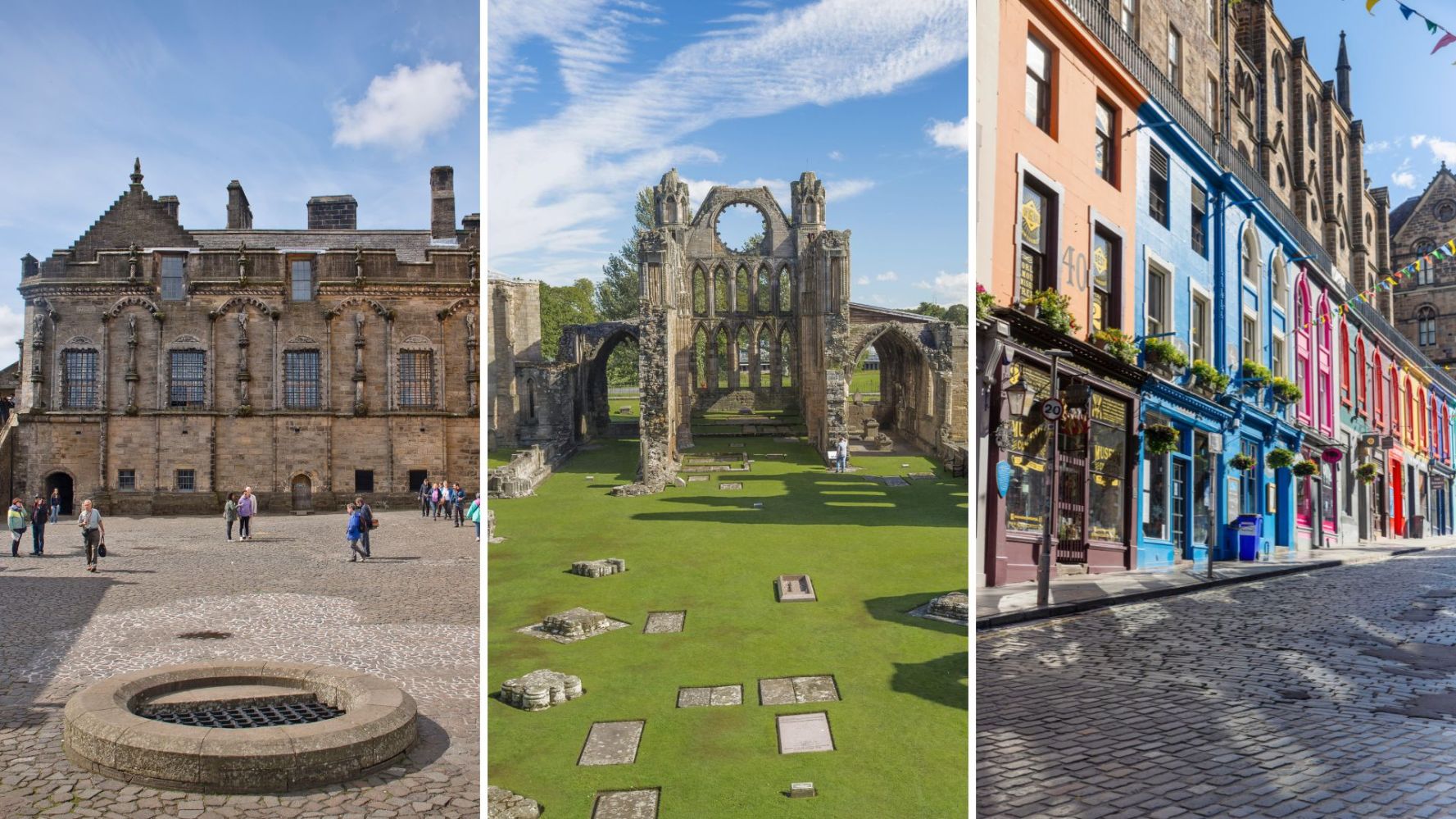 Three images: historic building, abbey ruins, vibrant street with colorful buildings.