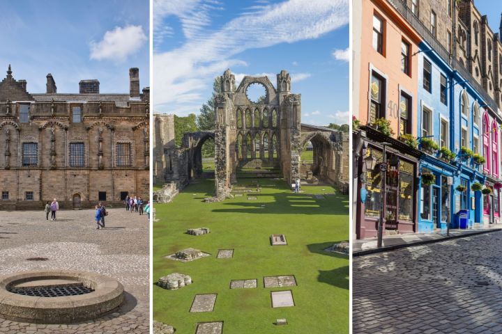 Three images: historic building, abbey ruins, vibrant street with colorful buildings.