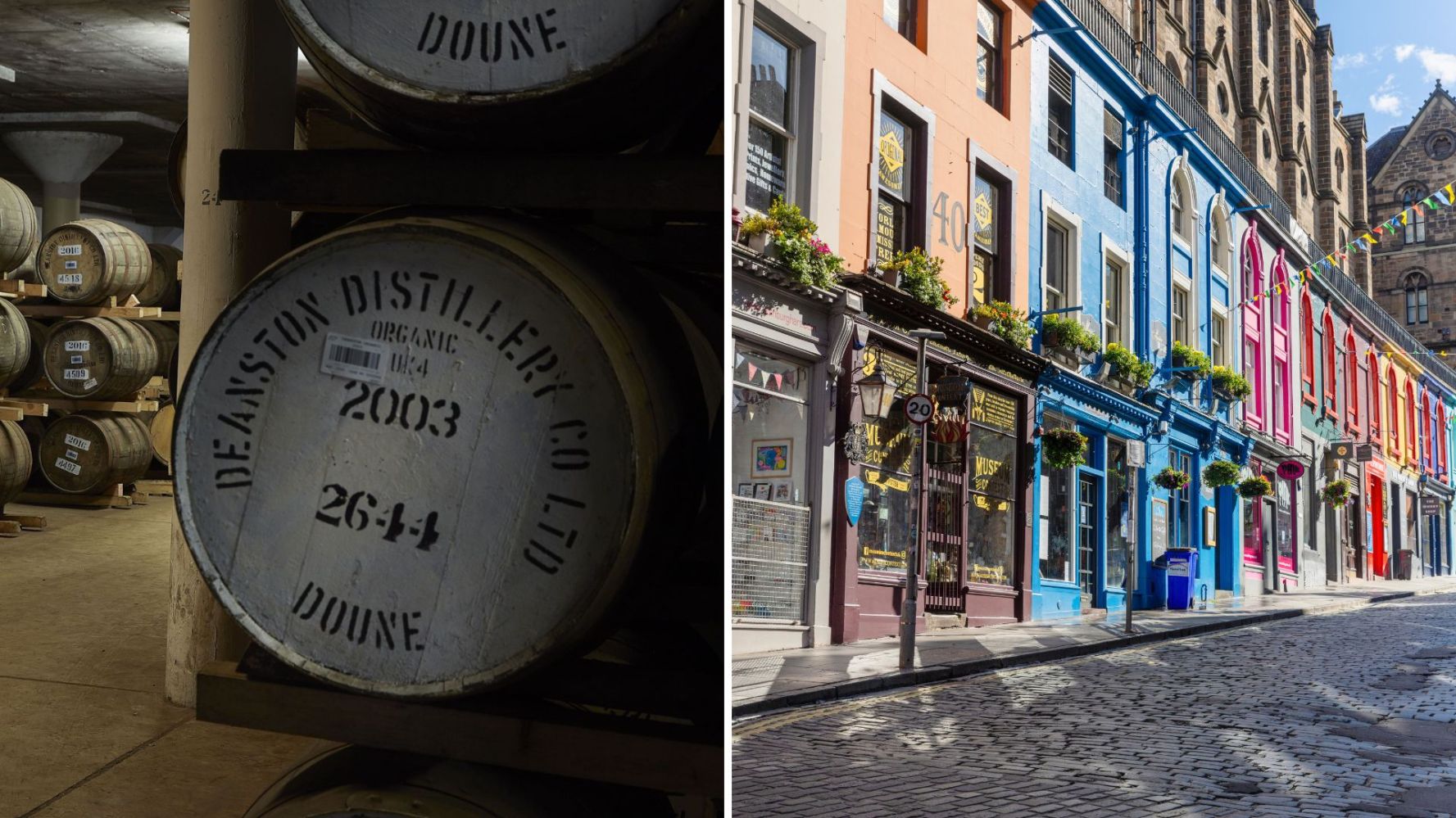 Barrels in a distillery and colorful buildings on a cobblestone street.
