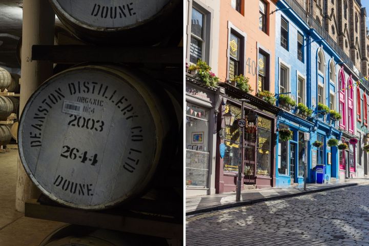 Barrels in a distillery and colorful buildings on a cobblestone street.