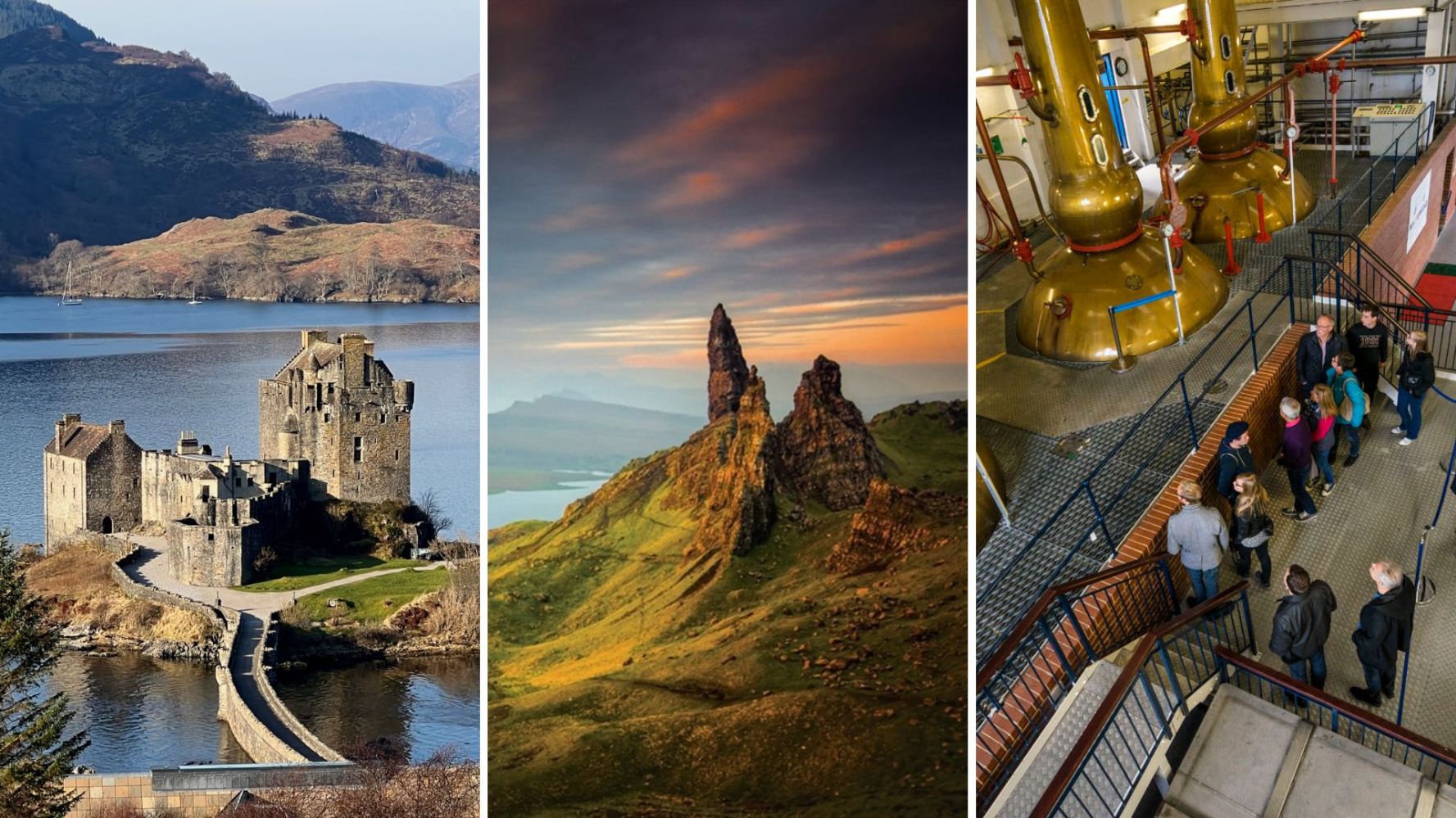 Collage: castle on lake, jagged mountain at sunset, group in distillery