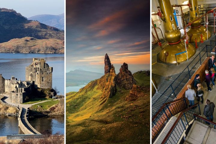 Collage: castle on lake, jagged mountain at sunset, group in distillery