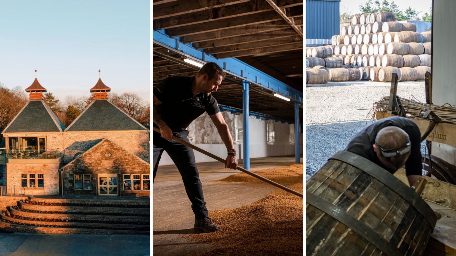 Collage: distillery exterior, worker raking grains, person inspecting barrel.