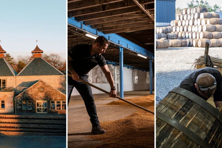Collage: distillery exterior, worker raking grains, person inspecting barrel.