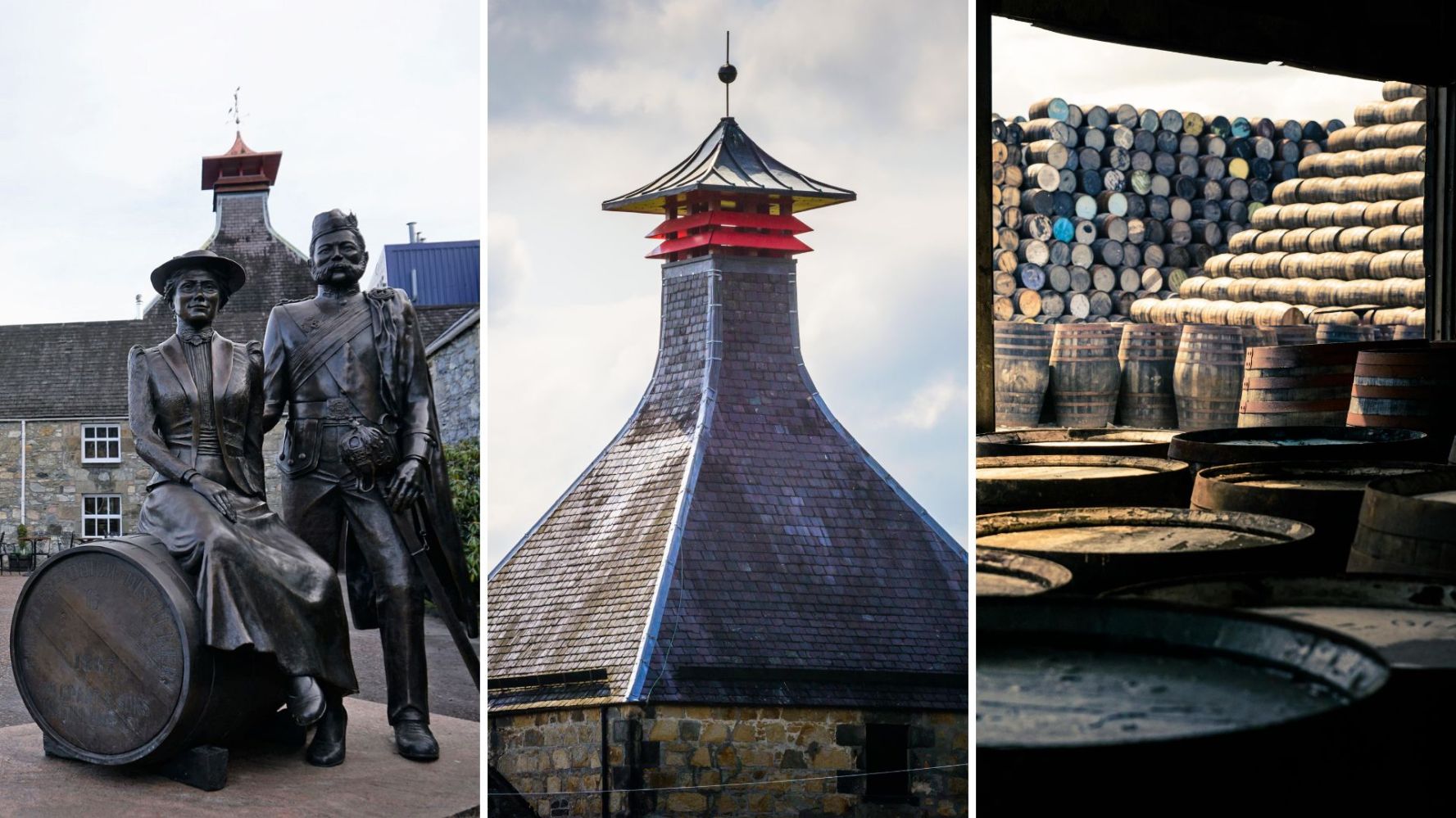 Three images: statue on barrel, pagoda roof, and stacked barrels in a warehouse.