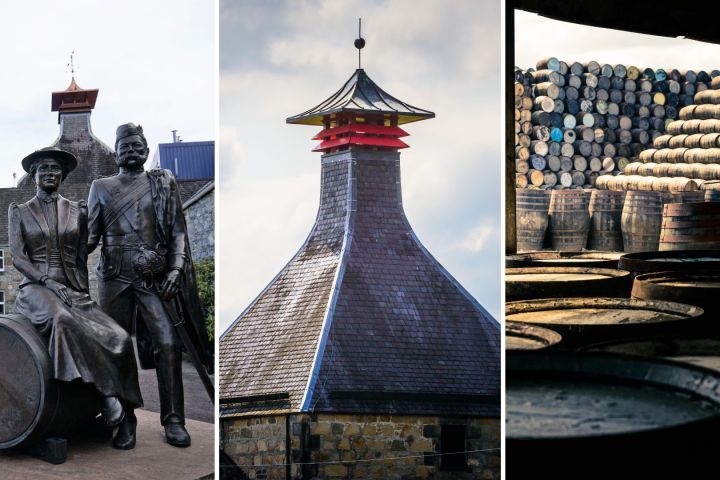 Three images: statue on barrel, pagoda roof, and stacked barrels in a warehouse.