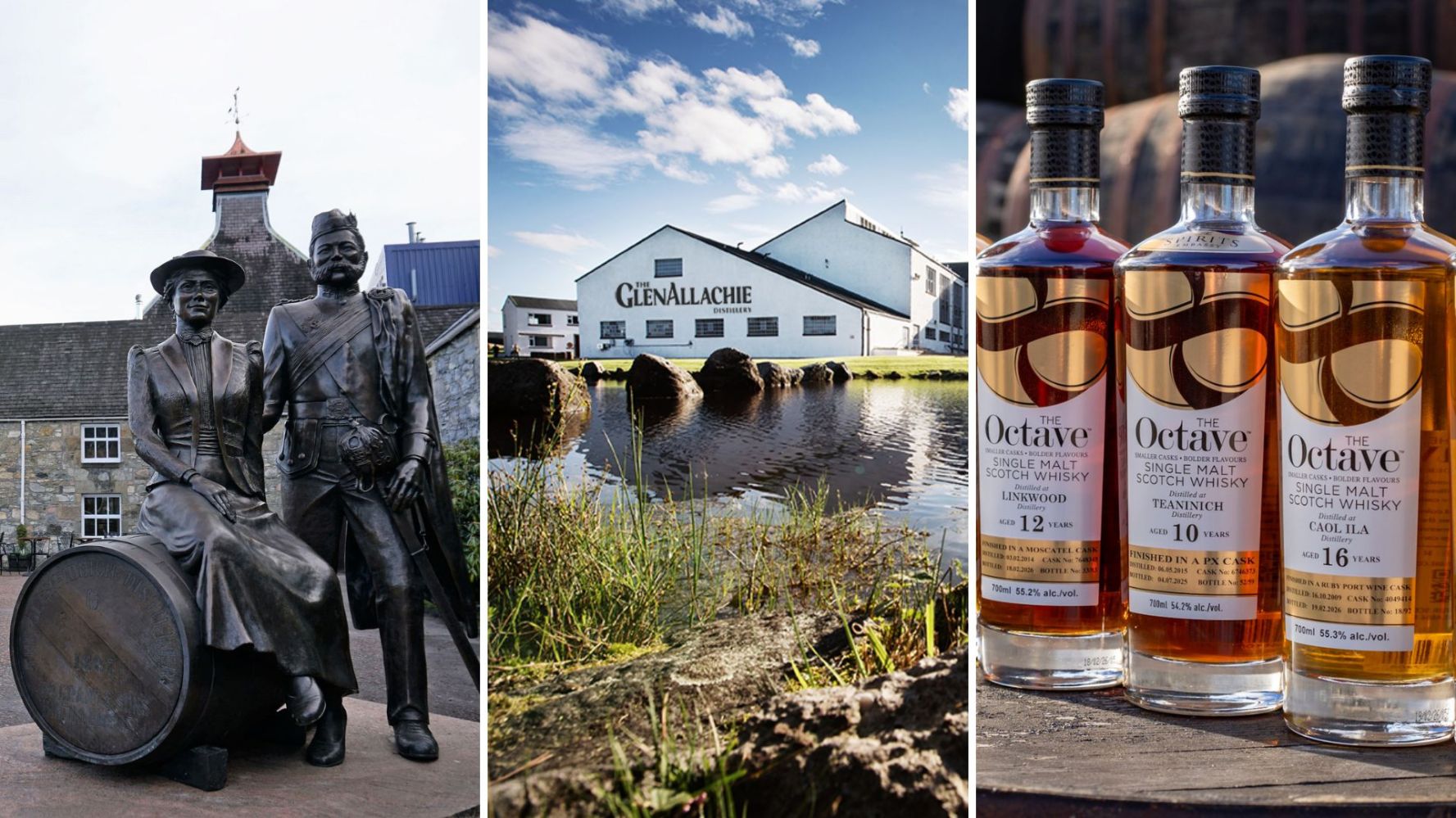 Three-panel image: statues, distillery with water, three whisky bottles.