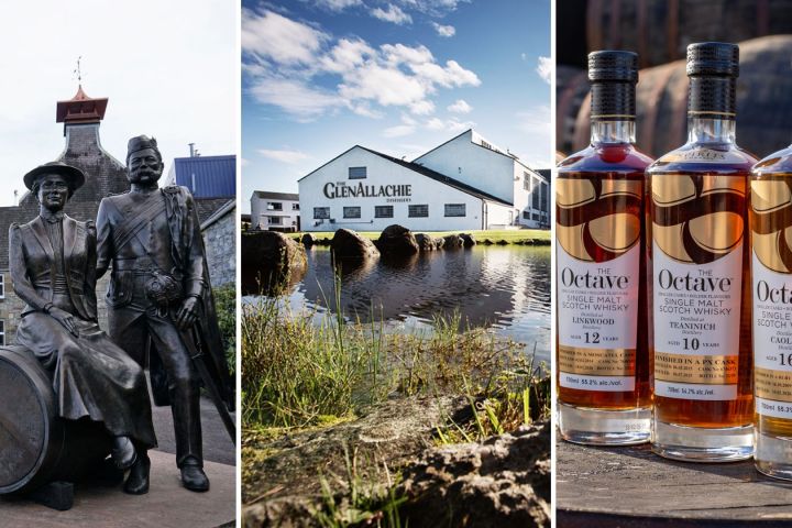 Three-panel image: statues, distillery with water, three whisky bottles.