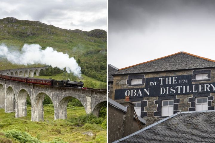 Steam train on viaduct; Oban Distillery building.