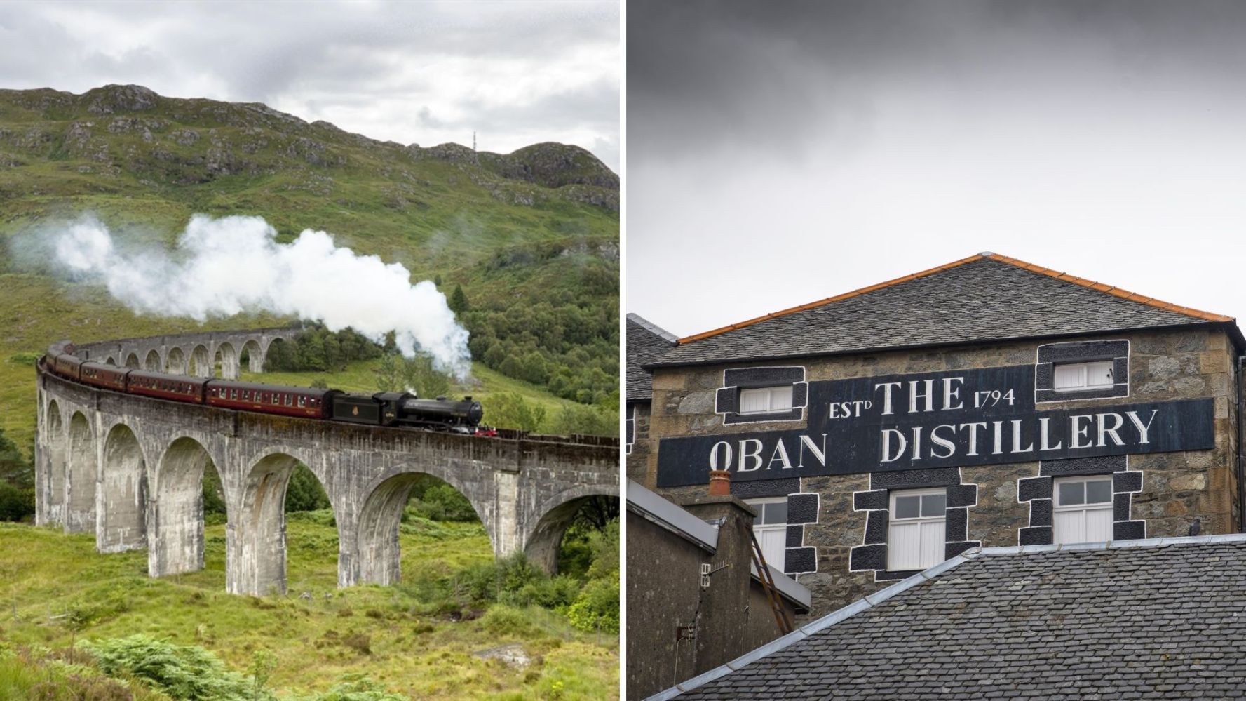 Steam train on viaduct and Oban Distillery building with signage.
