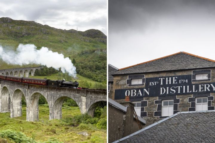 Steam train on viaduct and Oban Distillery building with signage.