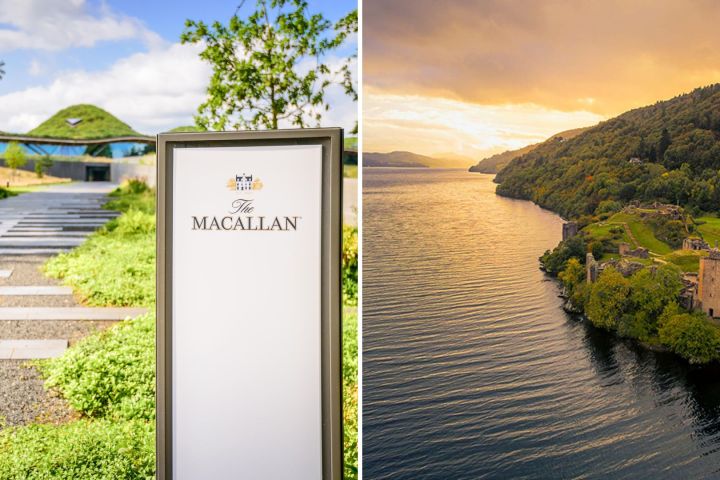 Split image of a Macallan sign and a scenic lake with castle ruins at sunset.