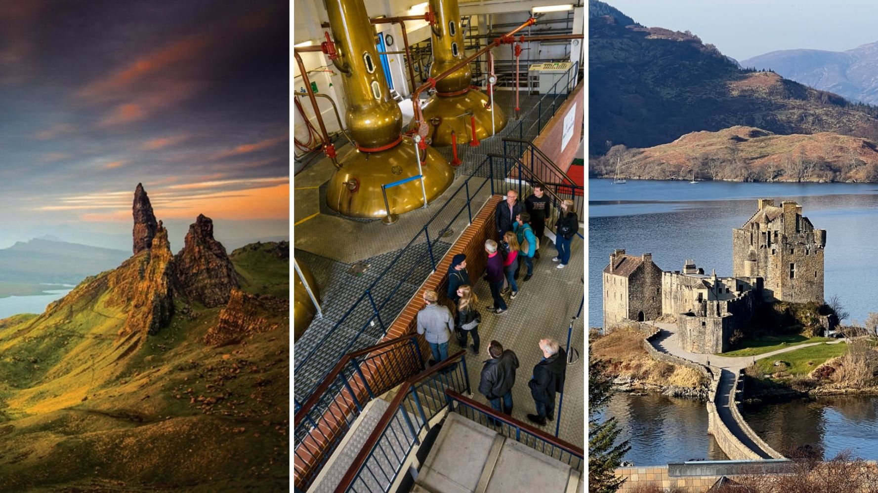 Three-panel image: rocky landscape, distillery tour group, and castle by a lake.
