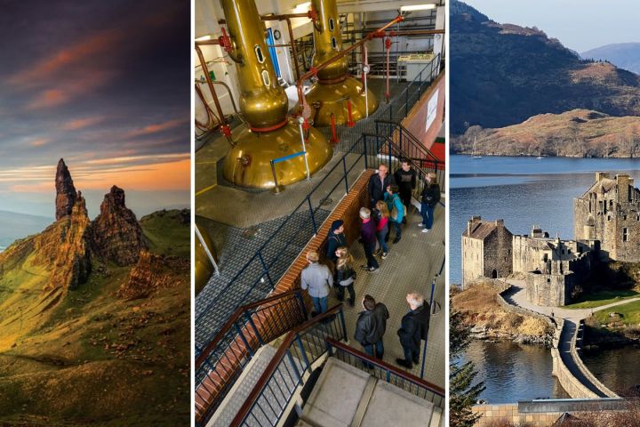 Three-panel image: rocky landscape, distillery tour group, and castle by a lake.