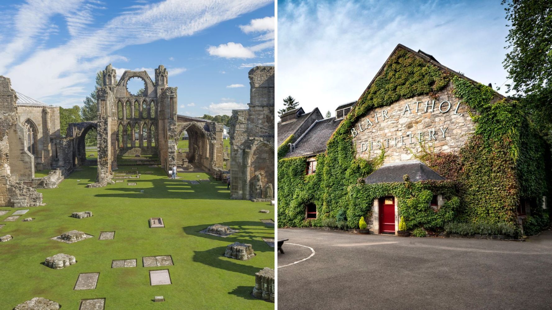 Left: ruins of a historic cathedral, Right: ivy-covered distillery building.