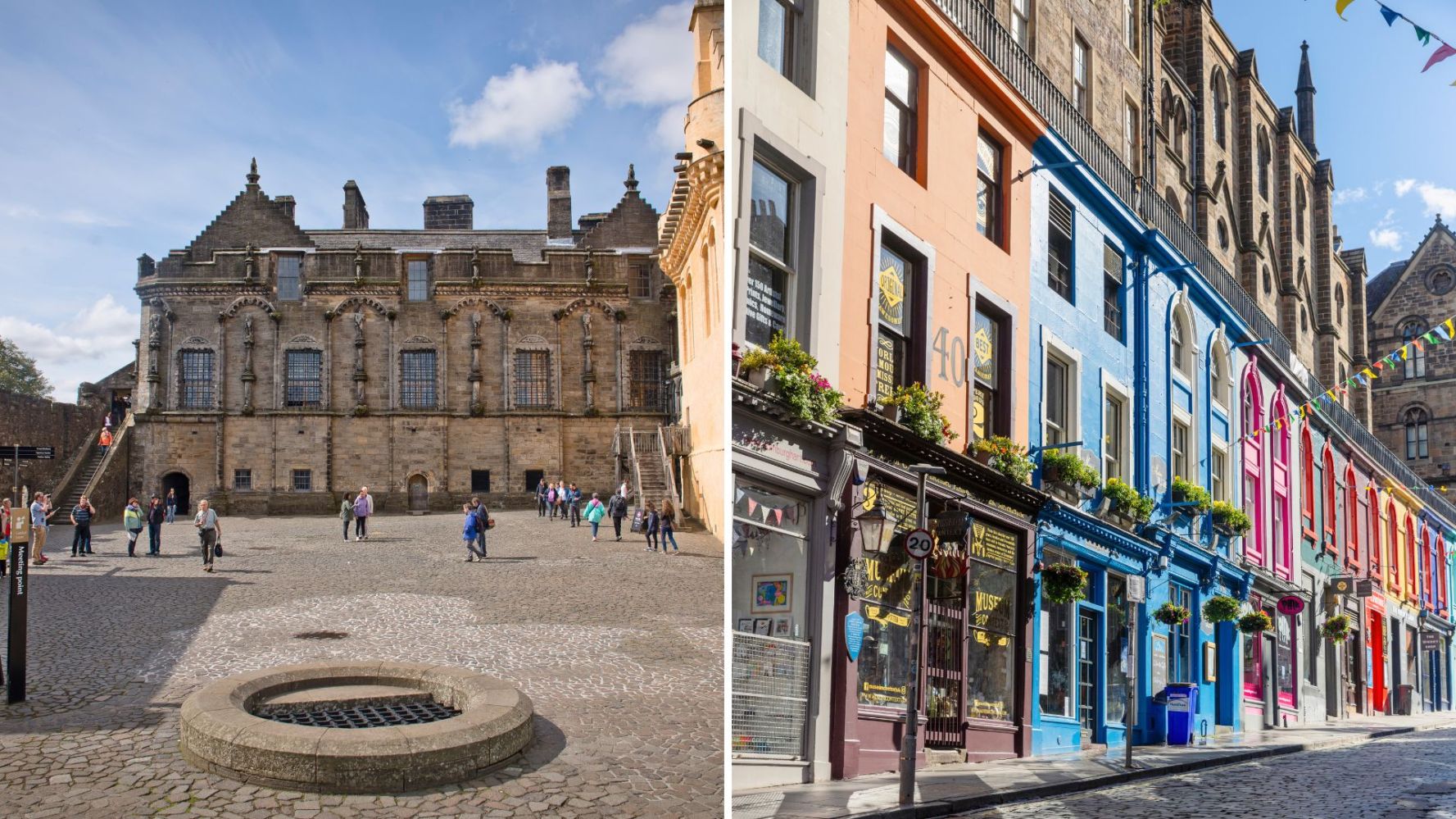 Stone castle courtyard and vibrant colorful buildings on a sunny day.