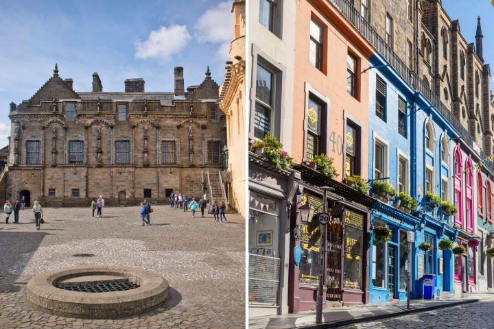 Stone castle courtyard and vibrant colorful buildings on a sunny day.