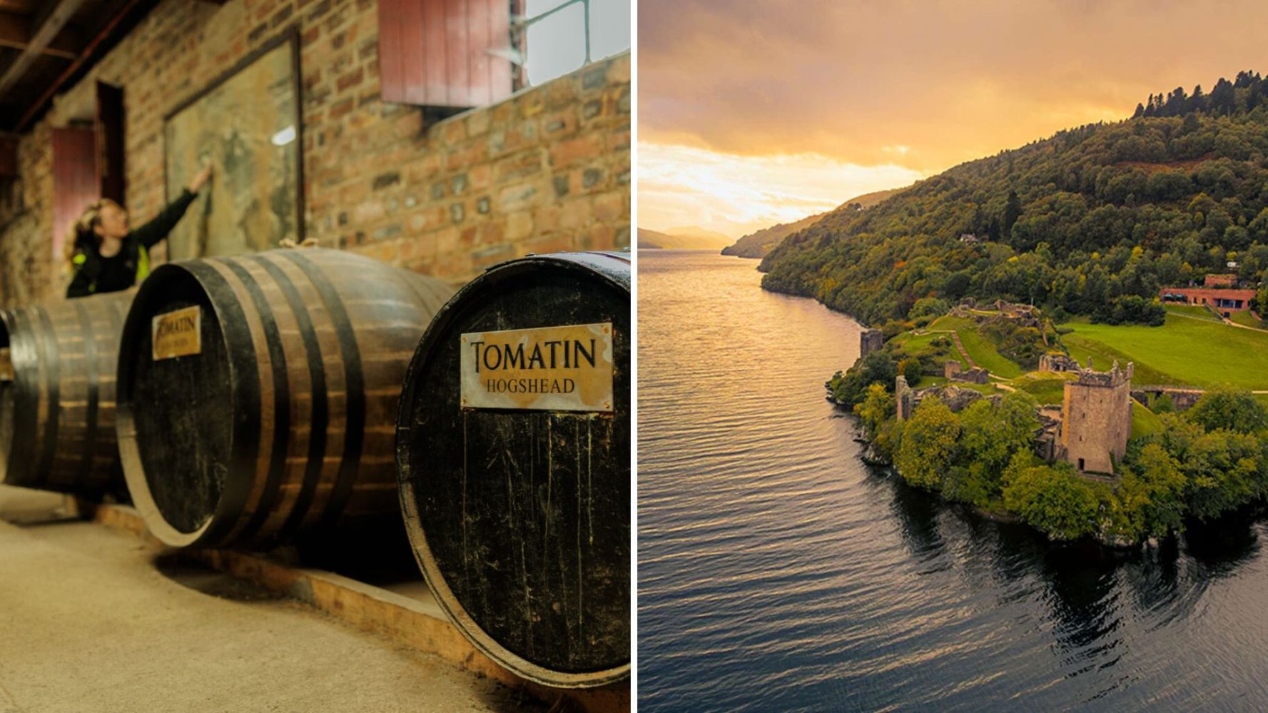 Barrels in a distillery and a lakeside castle at sunset.