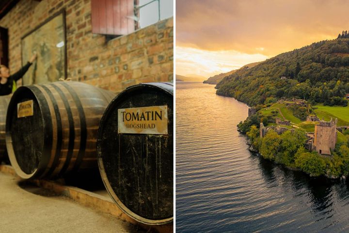 Barrels in a distillery and a lakeside castle at sunset.