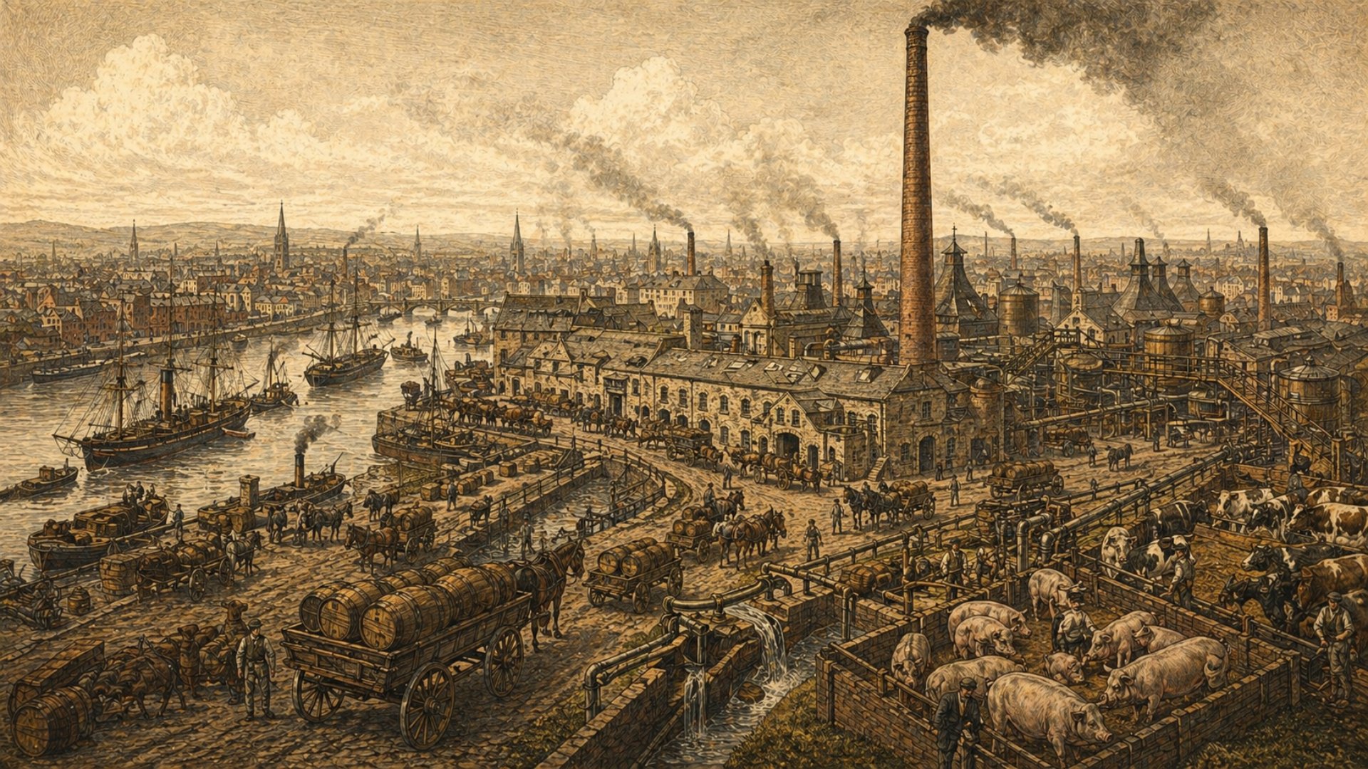 Victorian-style illustration of 19th-century Glasgow with distilleries, ships, whisky barrels, and giant chimneys.