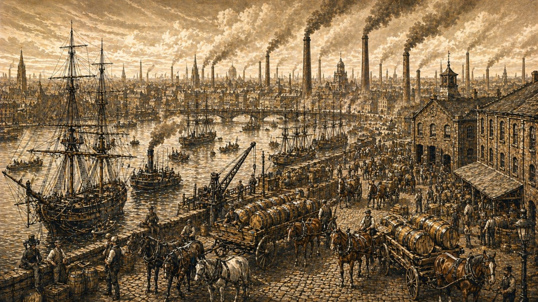 Victorian Glasgow riverside scene with whisky warehouses, ships, and industrial trade.