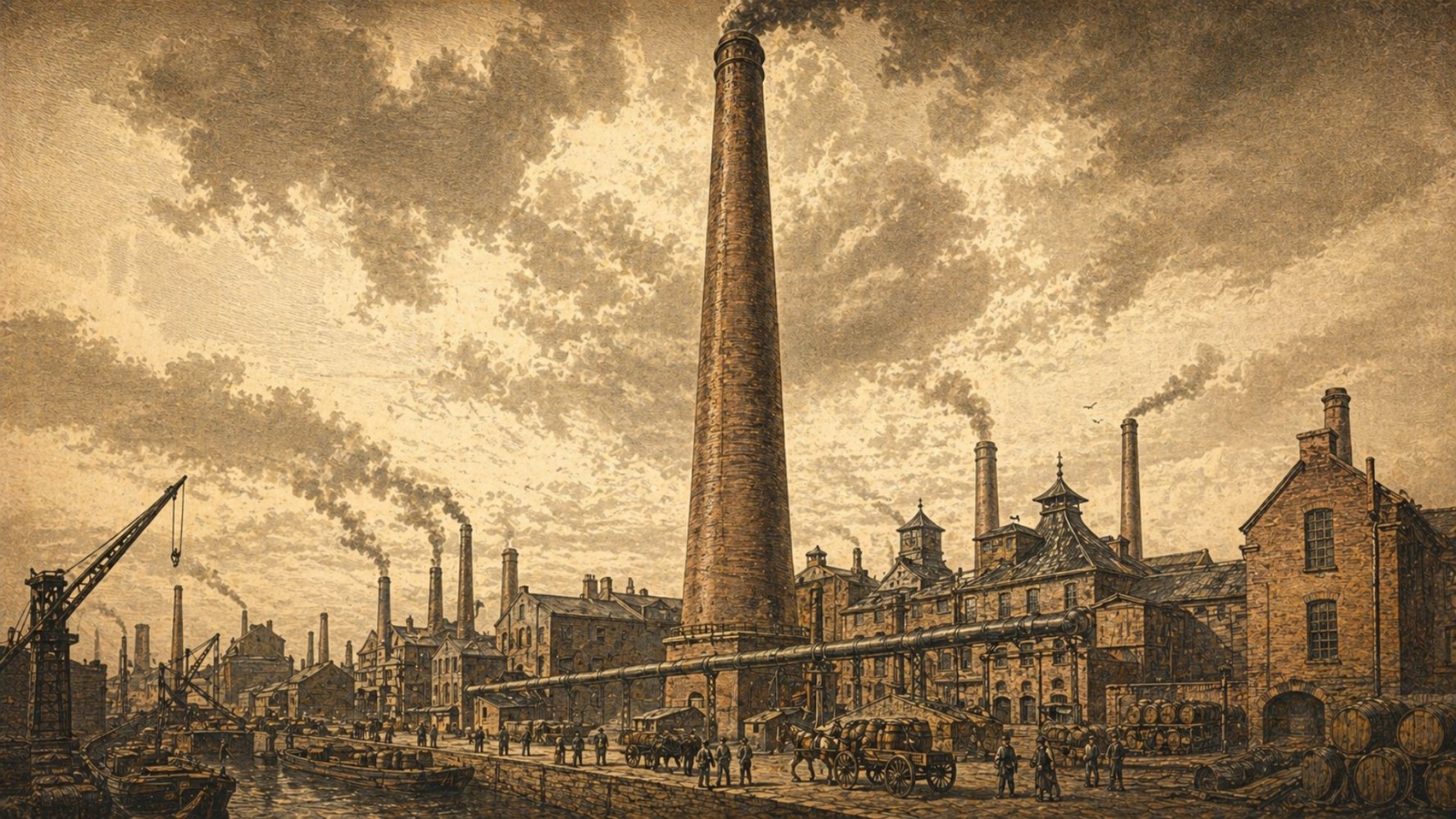 Huge Victorian industrial chimney towering over Glasgow distillery buildings.