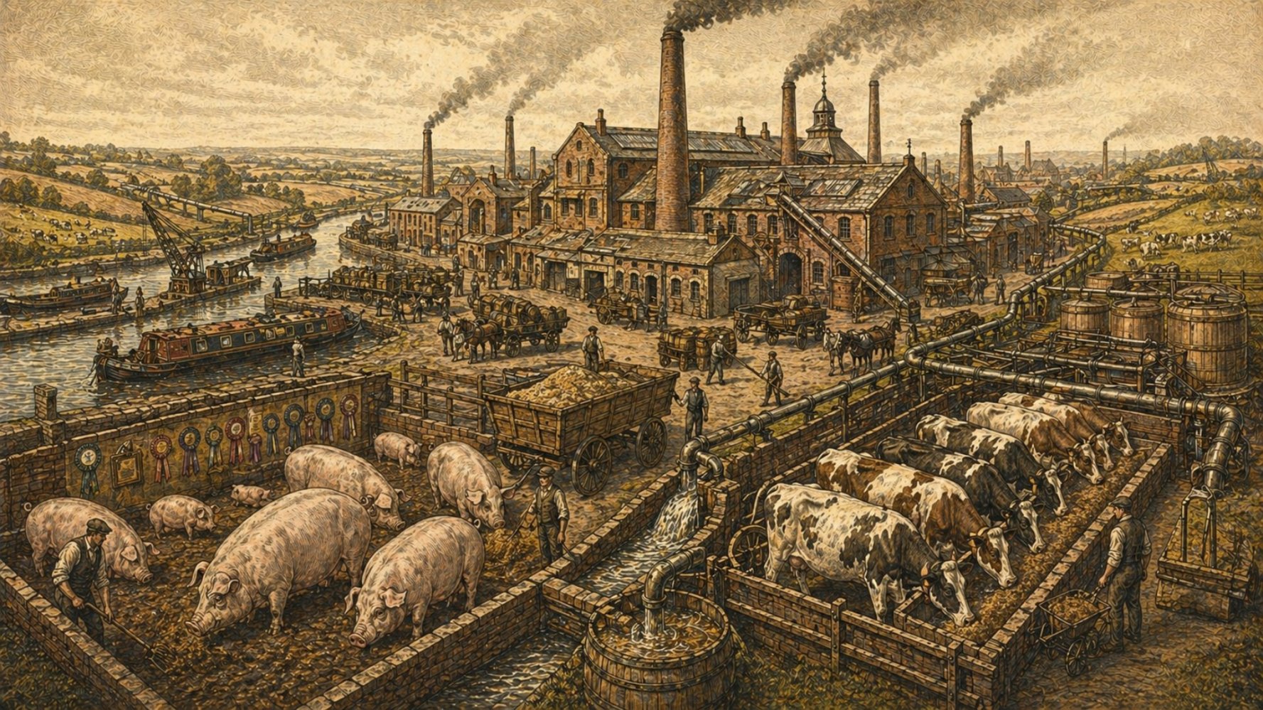 Victorian distillery scene with pigs, cows, workers, pipes, and industrial buildings.
