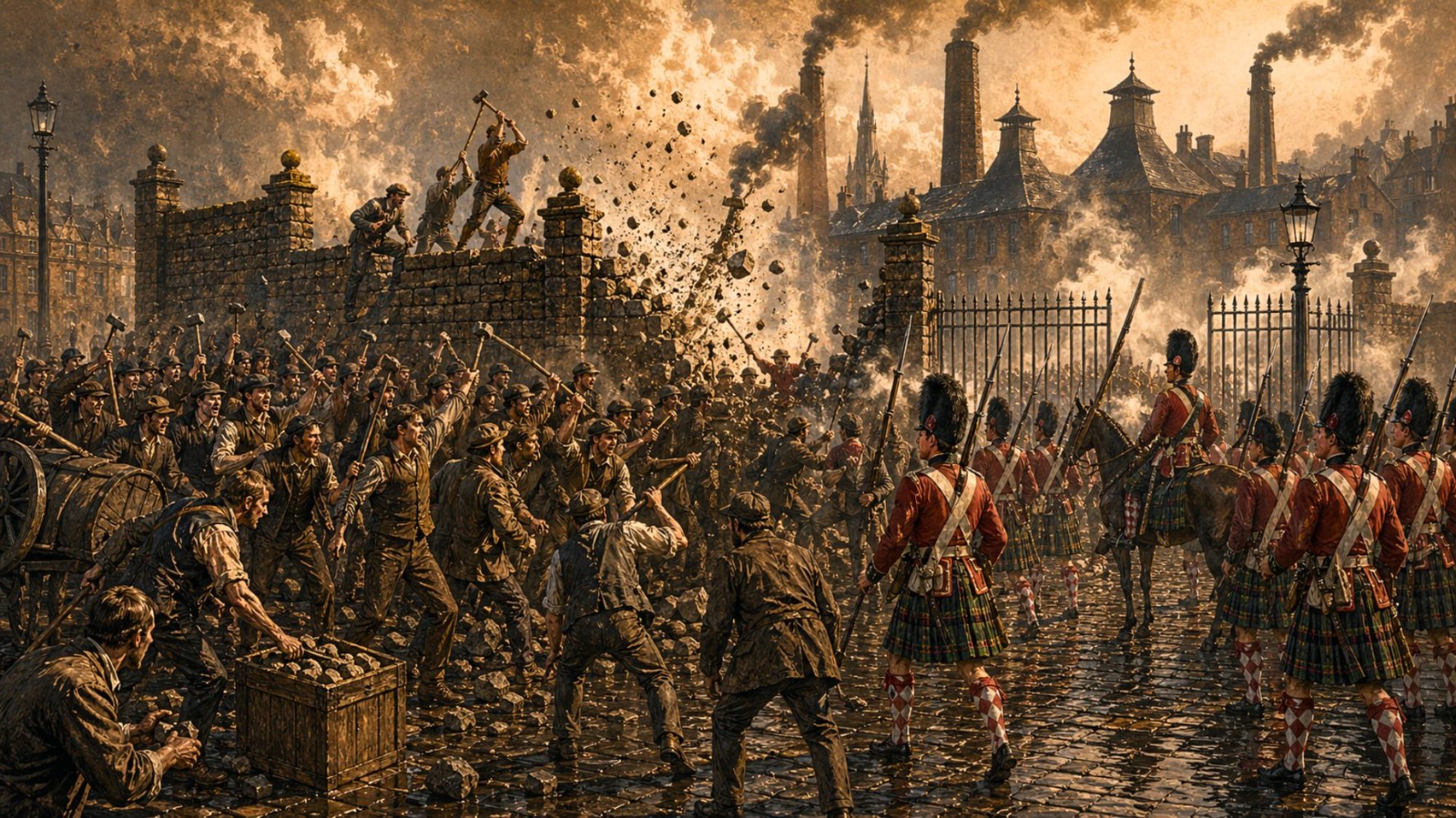 Victorian riot scene with workers, soldiers, wall, and distillery buildings.