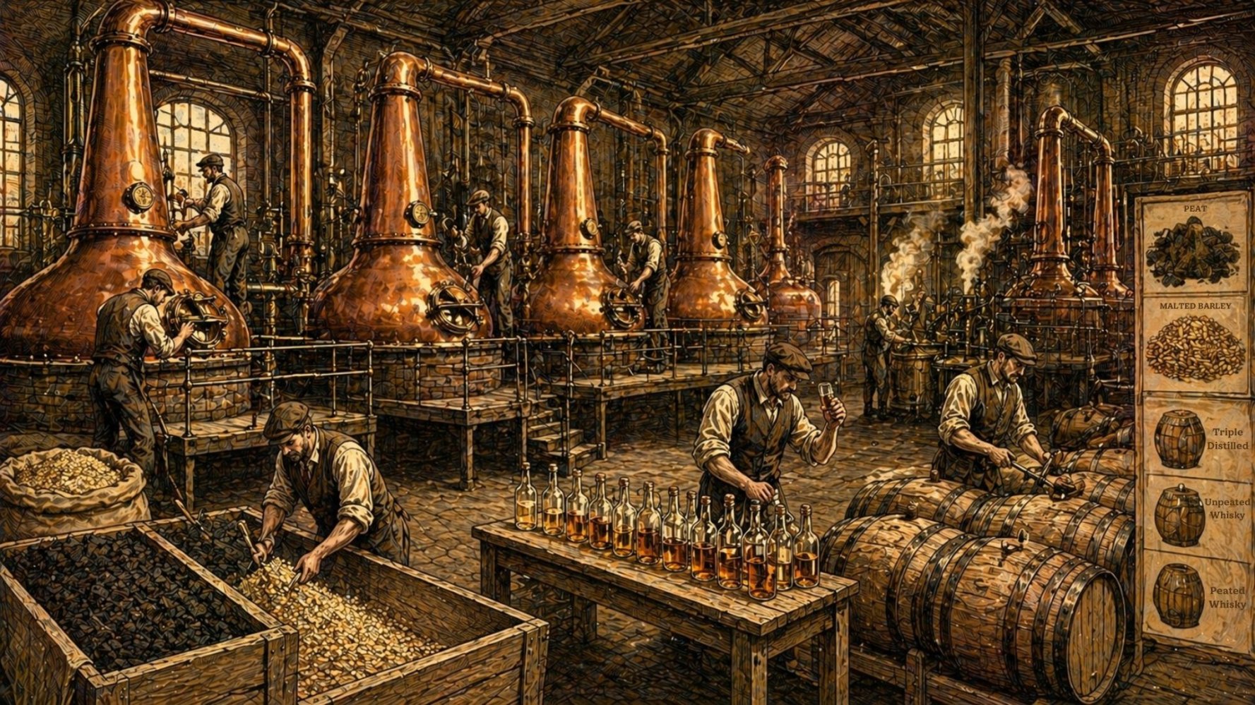 Victorian distillery interior with pot stills, workers, and whisky production.