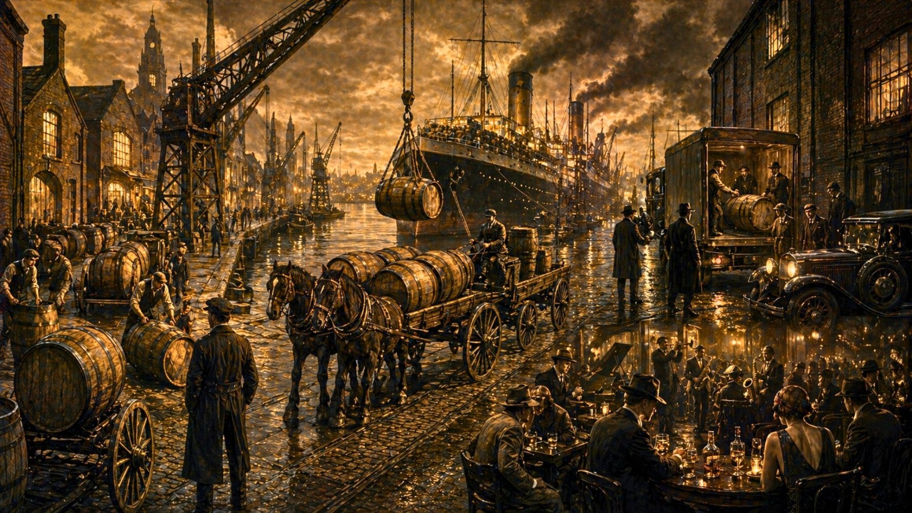 Whisky barrels loaded at Glasgow docks with noir-style Prohibition references.
