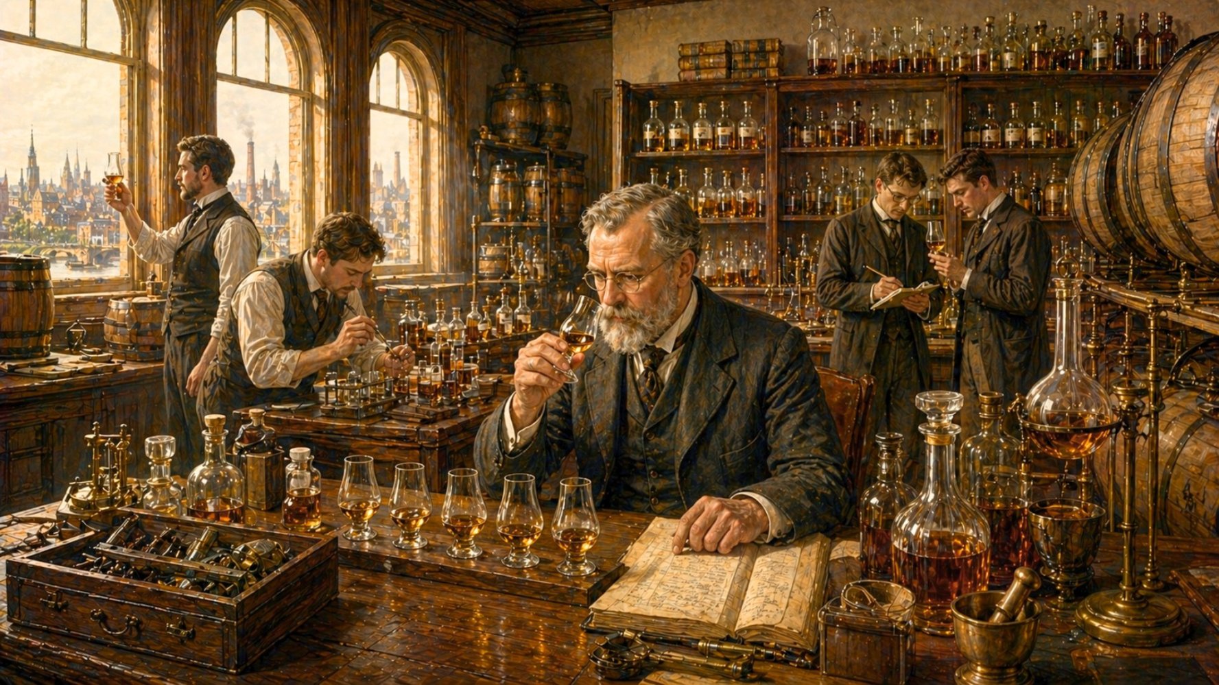 Victorian whisky blending room with blenders, bottles, casks, and ledgers.