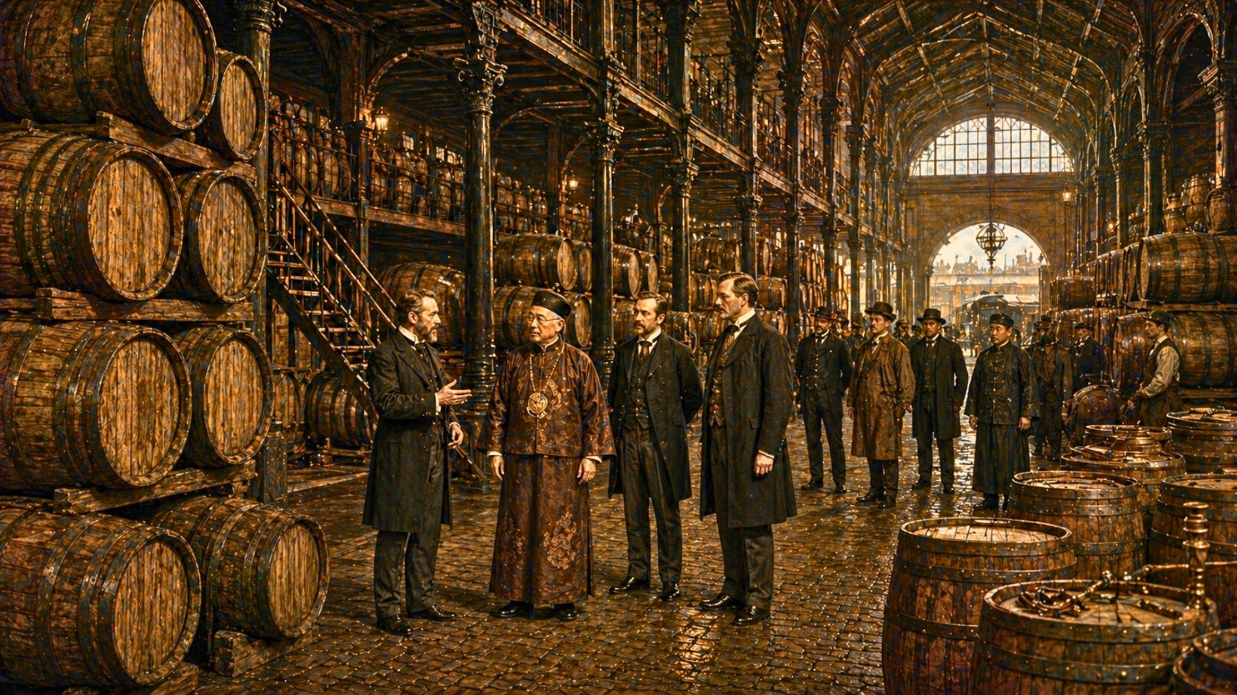 Victorian whisky warehouse with giant casks and visiting Chinese ambassador.