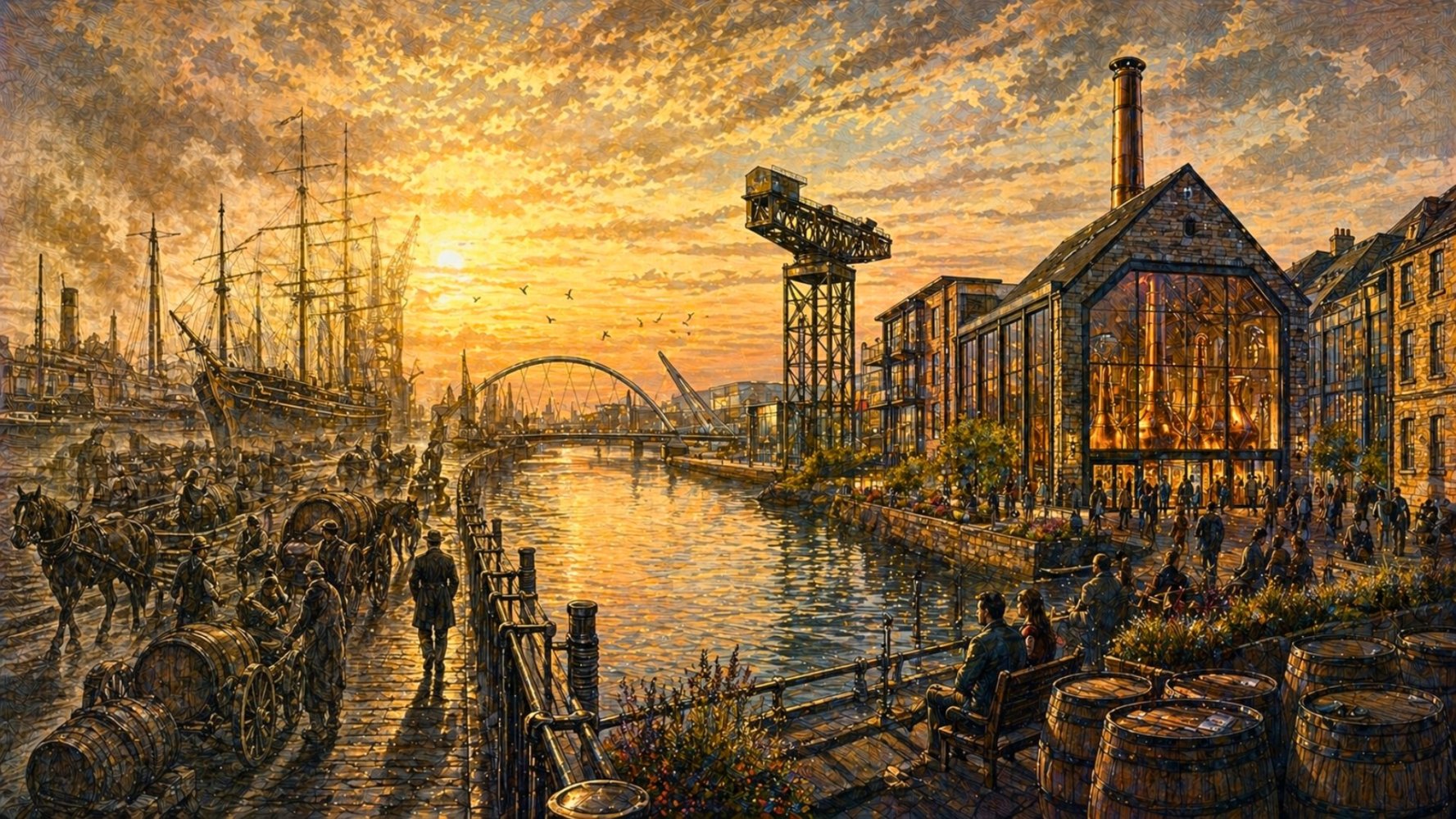 Modern Glasgow riverside with a whisky Distillery and echoes of historic whisky docks.