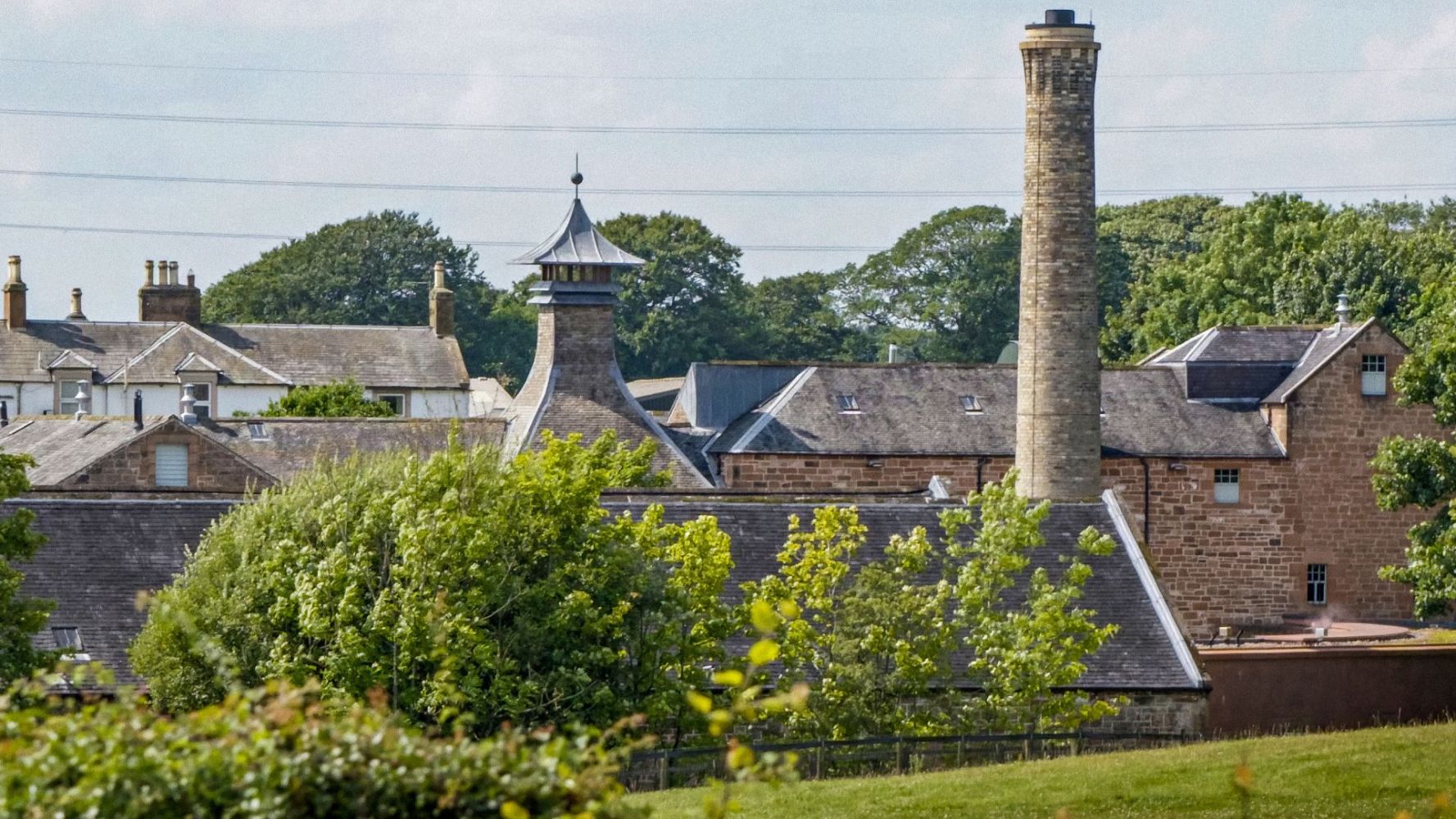 Rooftops of a village with trees and a tall chimney in the foreground.