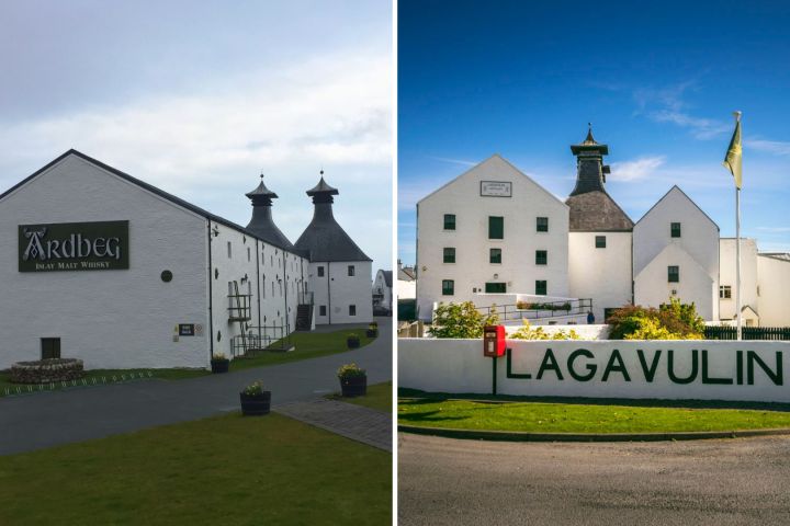Two distilleries: Ardbeg on left, Lagavulin on right, with white buildings and Scottish architecture.